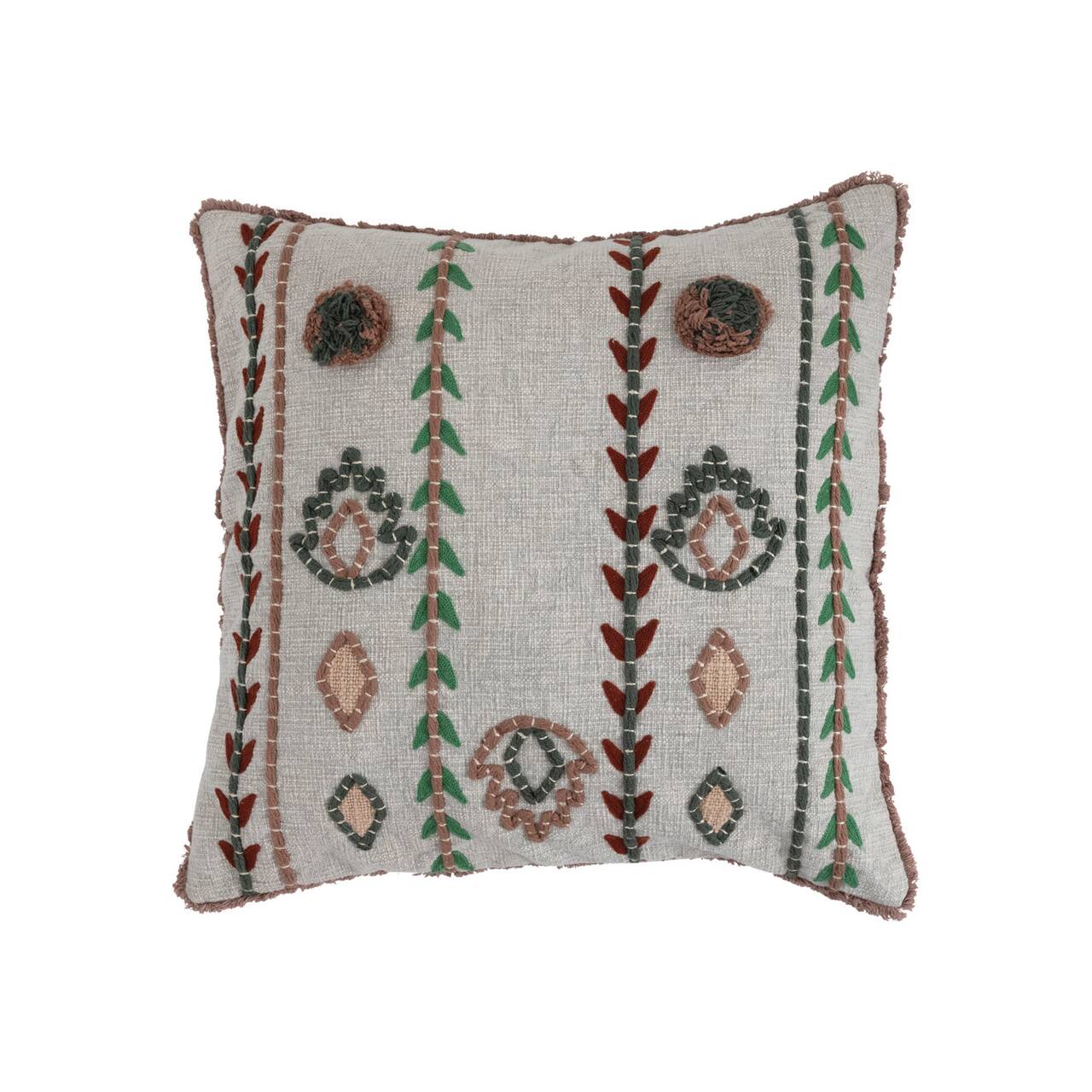 Embroidered Cotton Pillow with Chambray Back and Fringe